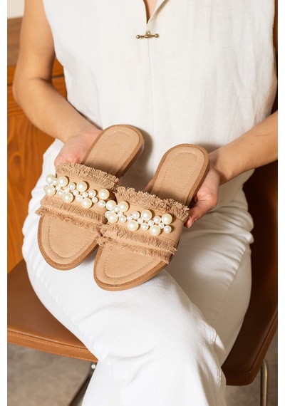 Dabab Shoes Mınoa Kadın İnci Detaylı Hasır Dokulu Düz Taba Terlik