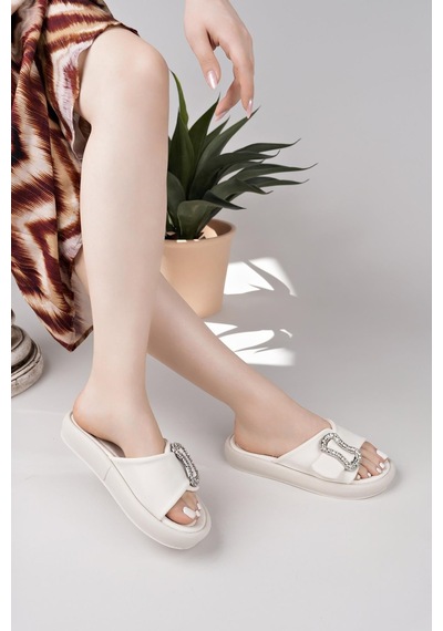 Nesilshoes Nesil Shoes Dvm 033 Bej Masaj Tabanlı Tokalı Kadın Terlik