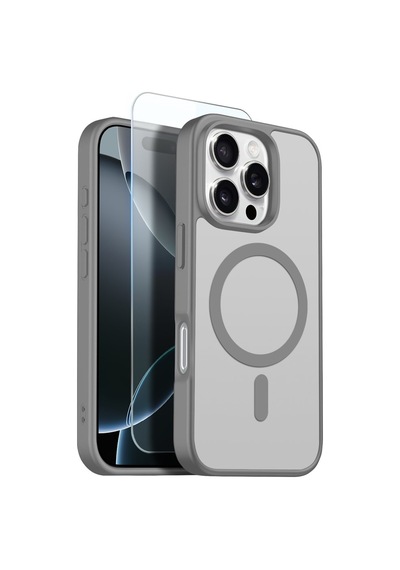 Teleplus Apple Uyumlu iPhone 16 Pro Max Kılıf Babet Translucent Mat Msafe Şarj Özellikli Kapak + Ekran Koruyucu Gri