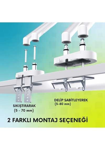 Özel Tasarım Çiftli Monitör Kolu Max 35" 10kg Taşıma Kapasiteli Mekanik Yaylı Hızlı Vidasız Montaj
