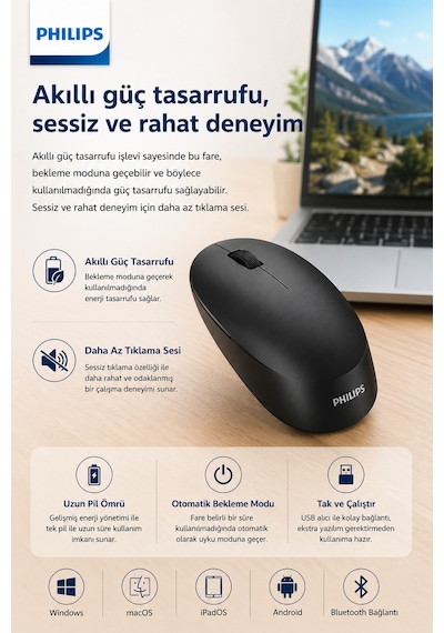 Philips SPK7407B/00 Kablosuz Bluetooth Mouse 2.4GHz Çoklu Cihaz Desteği 1600 DPI Sessiz Siyah