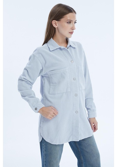 Selectmoda Kadın Çift Cepli Düğme Kapamalı Fitilli Gömlek Mavi