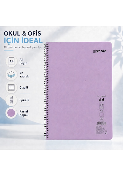 Mynote Flex Pastel A4 72 Yaprak 60 Gr Spiralli Çizgili Defter Mor