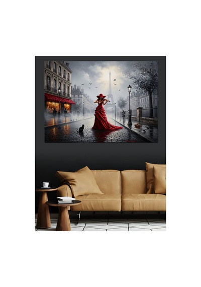 Yağmurlu Paris Caddesi Kırmızı Elbise Yağlı Boya Dokulu Kanvas Tablo Canvas Tablosu