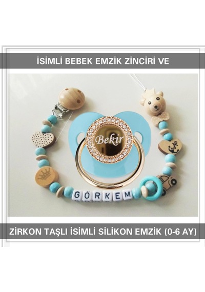 Sahi Aksesuar İsimli Bebek Emzik Zinciri ve İsimli Bebek Silikon Emzik BEZYI270 Mavi