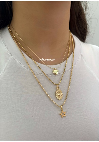 3'lü Desenli Zincirli Gold Kalp Yıldız Kadın Kolye Set Kombin Altın Altın