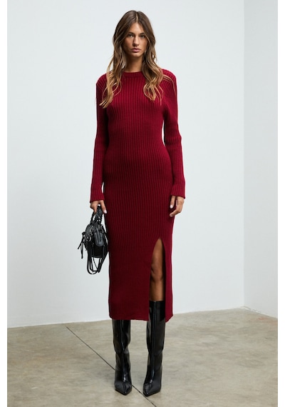 Grımelange Soreya Kadın Yuvarlak Yaka Çizgi Desenli Yırtmaçlı Slim Fit Triko Bordo Elbise Bordo