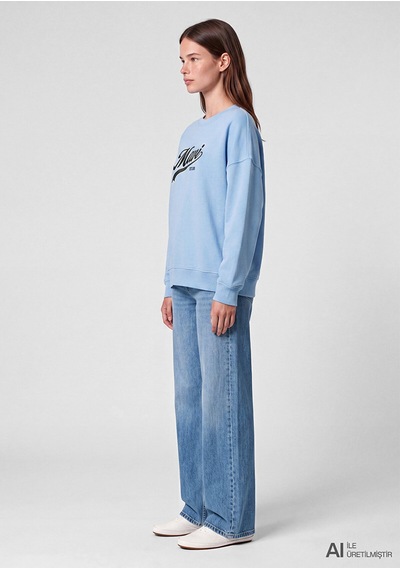 Logo Baskılı Sweatshırt Puslu Mavi