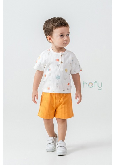 Hafy Baby Henley Yaka, Balon Desenli, Erkek Bebek / Çocuk Şortlu Takım Ekru - Hardal
