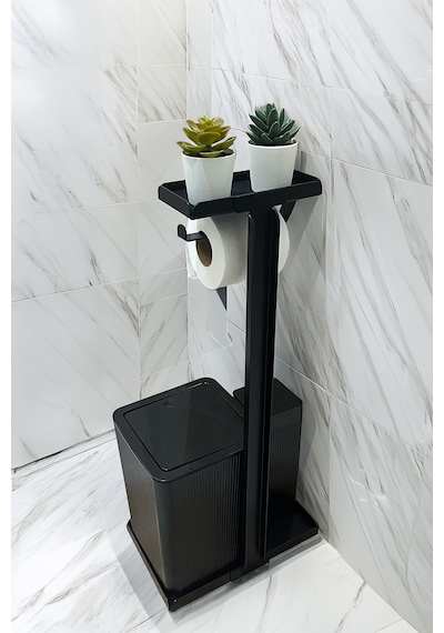6 Parça Banyo Seti Çöp Kovası, Wc Fırça, Tuvalet Kağıtlık, Diş Fırçalık, Sıvı Sabunluk, Sabunluk Siyah