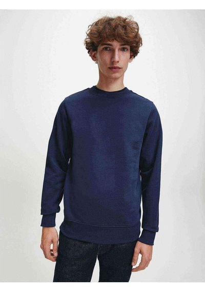 Erkek Indigo Basic Sade Mavi Basic Sade Bisiklet Yaka Sweatshirt