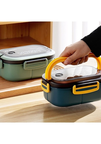 1200 Ml 2 Katlı 6 Bölmeli Bpa'sız Pp Plastik Sefer Tası Ve Beslenme Çantası - Hava Kilitli Bento Lunch Box, Çatal Ve Kaşık Dahil Mavi Çok Renkli