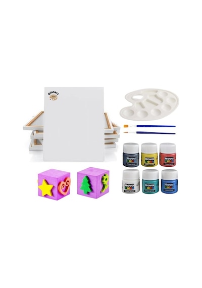 Çocuklar İçin 25x35 CM Tuval + Baskı ,Parmak Boyası , Palet Ve İpek Fırça Seti