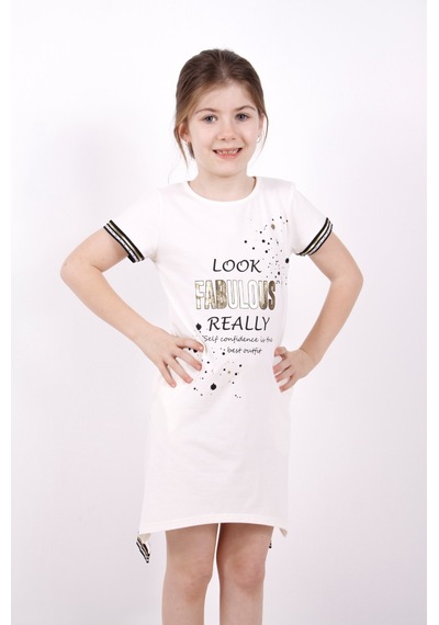 Toontoy Kız Çocuk Fabulous Baskılı Elbise Ekru