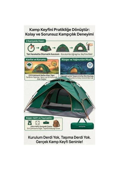 Camp One Dört Mevsim 4 Kişilik Çift Katmanlı Otomatik Kamp Doğa Deprem Çadırı Çok Renkli