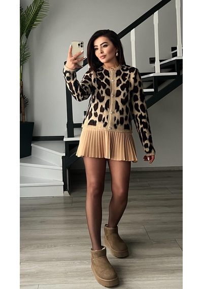 Bej Duble Piliseli Mini Etek Bej