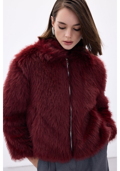Sateen Fermuarlı Kürk - Bordo-136673 Bordo
