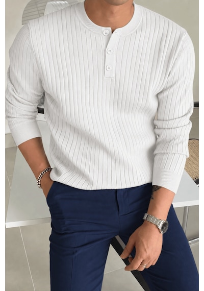 Genius Store Erkek Fitilli Henley Yaka Triko Kazak Regular Fit Düğmeli Kazak Henley-yaka Beyaz
