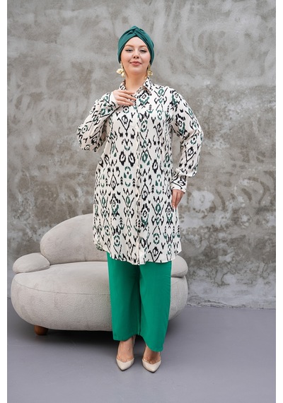 Polologin Butik Krem Rengi Motifli Uzun Tunik Krem