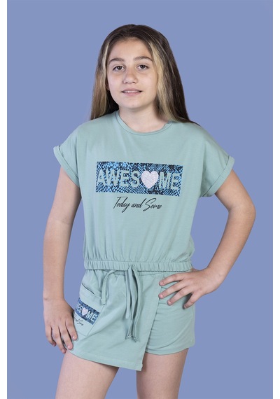 Toontoy Kids Toontoy Kız Çocuk Baskılı Şortlu Takım Yeşil
