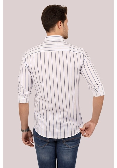 Erkek Beyaz Lacivert Çizgili Slimfit Kutulu Gömlek Beyaz - Lacivert