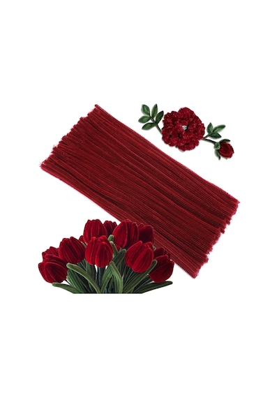 50 Adet Bordo Şönil, Çiçek Yapımına Uygun Bordo Renk Tüylü Tel, 30 Cm 6mm