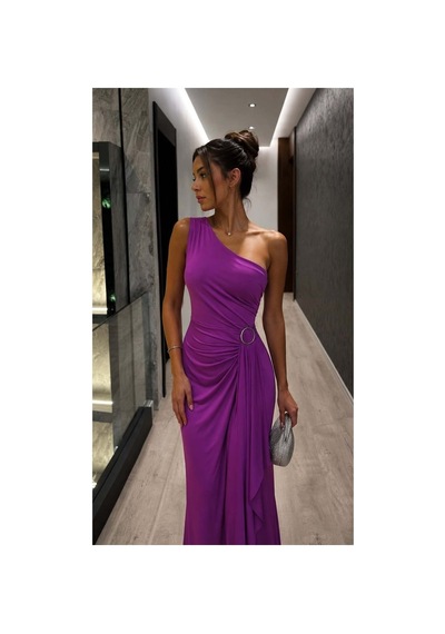 Lior Design Kadın Sade Tek Omuz Kemerli Maxi Abiye Elbise Mor
