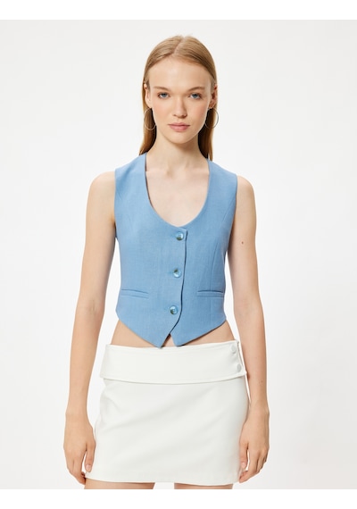 Koton Keten Karışımlı Yelek Kolsuz Fleto Cepli Düğmeli V Yaka Slim Fit Mavi 4sal30048ıw Mavi