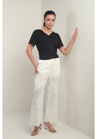 Kadın Beli Lastikli Yarım Astarlı Bol Paça Nakışlı Pantolon Ekru