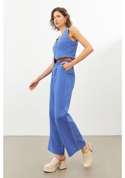 Stella Pulvis Mavi Keten Yüksek Bel Wide Leg Pantolon Mavi