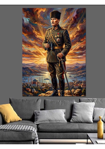 Deniz Kenarında Silahlı Atatürk Silüeti Dekoratif Kanvas - Mdf Ahşap Tablo