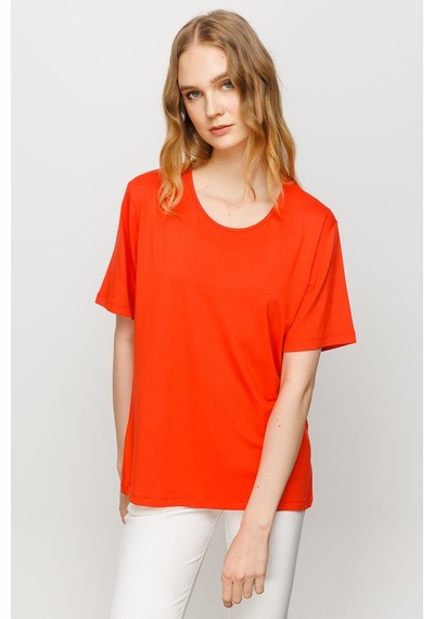 Kadın Sıfır Yaka Basic Penye T-shirt Oranj Oranj
