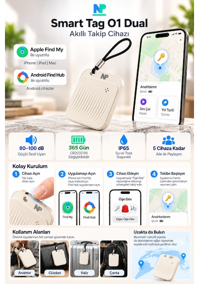 Protap Smart Tag O1 Dual Akıllı Takip Cihazı Apple Bul Ve Android Find Hub Uyumlu 365 Gün Pil Ömrü 1 Adet Protap Smart Tag O1 Dual Akıllı Takip Cihazı Apple Bul Ve Android Find Hub Uyumlu 365 Gün Pil Ömrü 1 Adet