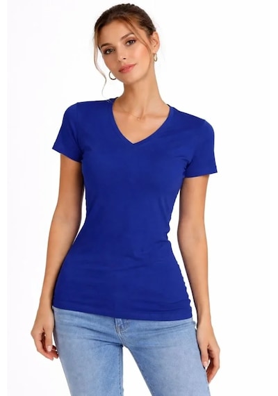 De'charme T-shirt V Yaka Slim Fit Likralı Tişört Günlük Basic Body - İndigo