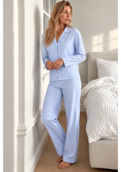 Kadın Gömlek Yaka Uzun Kollu Mavi Pijama Takımı