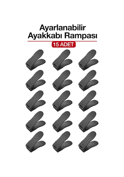 15 Adet Ayarlanabilir Ayakkabı Rampası Dolap İçi Ayakkabı Düzenleyici Organizer Siyah
