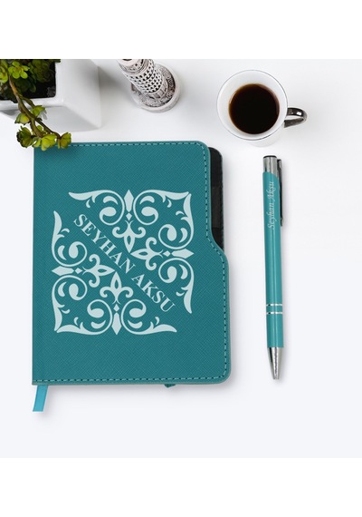Kişiye Özel Isimli Turkuaz Termo Deri Defter Kalem Seti-10