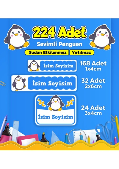 Sevimli Penguen Temalı Okul Kreş Kişiye Özel İsim Etiket Seti - Model 151 Çok Renkli