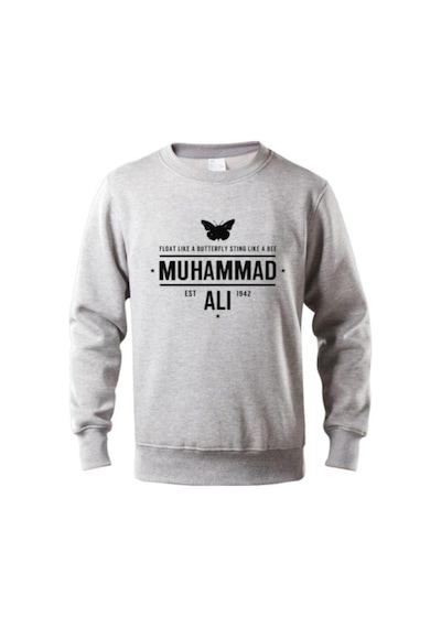 Erkek Gri Kelebek Muhammed Ali Baskılı Sweatshirt Gri