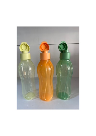 Eco Şişe 500 Ml 3'lü Set - Portakal-yeşil Ve Limon Sarı Kolay Açılır Kapaklı Suluk Matara Çok Renkli