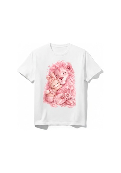 Urbantrendstore Sevimli Aslan Tavşan Unisex Kız Çocuk Bisiklet Yuvarlak Yaka Basic Kısa Kollu %100 Pamuk Tişört Beyaz
