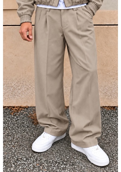 Erkek Oversize Çift Fermuarlı Ceket Ve Baggy Pantolon Alt Üst Takım Bej Bej