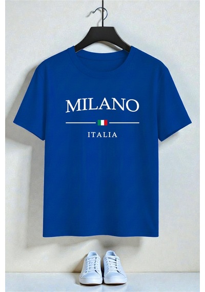 Uyguntarz Unisex Milano Italia Baskılı Tasarım Tshirt Mavi