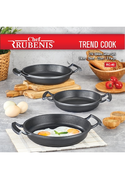 Chef Rubenis Trend Cook 3'lü Döküm Sahan Seti 18 Cm - 20 Cm - 22 Cm Gri - Siyah