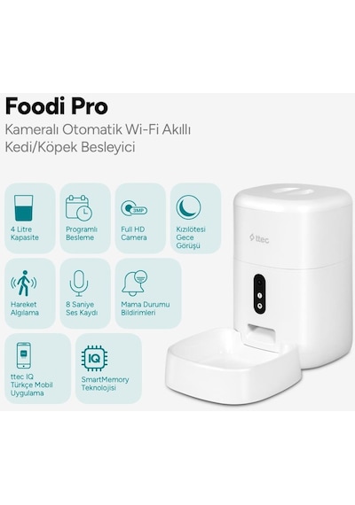 Ttec Foodi Pro Full Hd Kameralı Çift Yönlü Görüşmeli Otomatik Kedi Köpek Besleyici 4 L