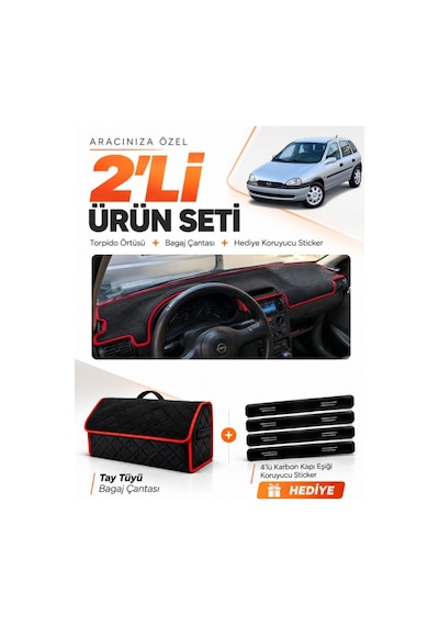 Opel Corsa B 1992-2000 Uyumlu Torpido Örtüsü + Tay Tüyü Bagaj Çantası + Sticker - Siyah Kırmızı