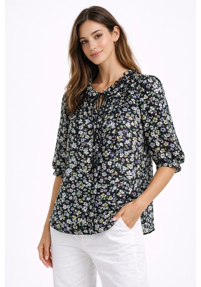 Floral Fırfırlı Düğmeli Fakir Kol Bluz Çok Renkli