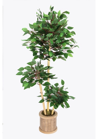 Yapay Çiçek Deposu Yapay Benjamin Ağacı 115 Cm 3lü Bambu Gövdeli Yeşil Ahşap Saksı