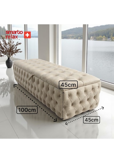 Smarto Relax Swiss Style Saas-fee Sandıklı Baby Face Puf, Kapitoneli Sandıklı, 100x45x45 Cm, Babyface Kaplama Dekoratif Puf Bej