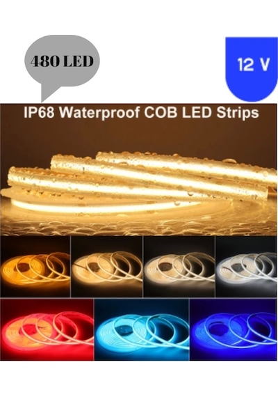 12 Volt 8 Mm 480 Ledli Esnek Cob Şerit Sarı Amber Dış Mekan Ip68 5 Metre